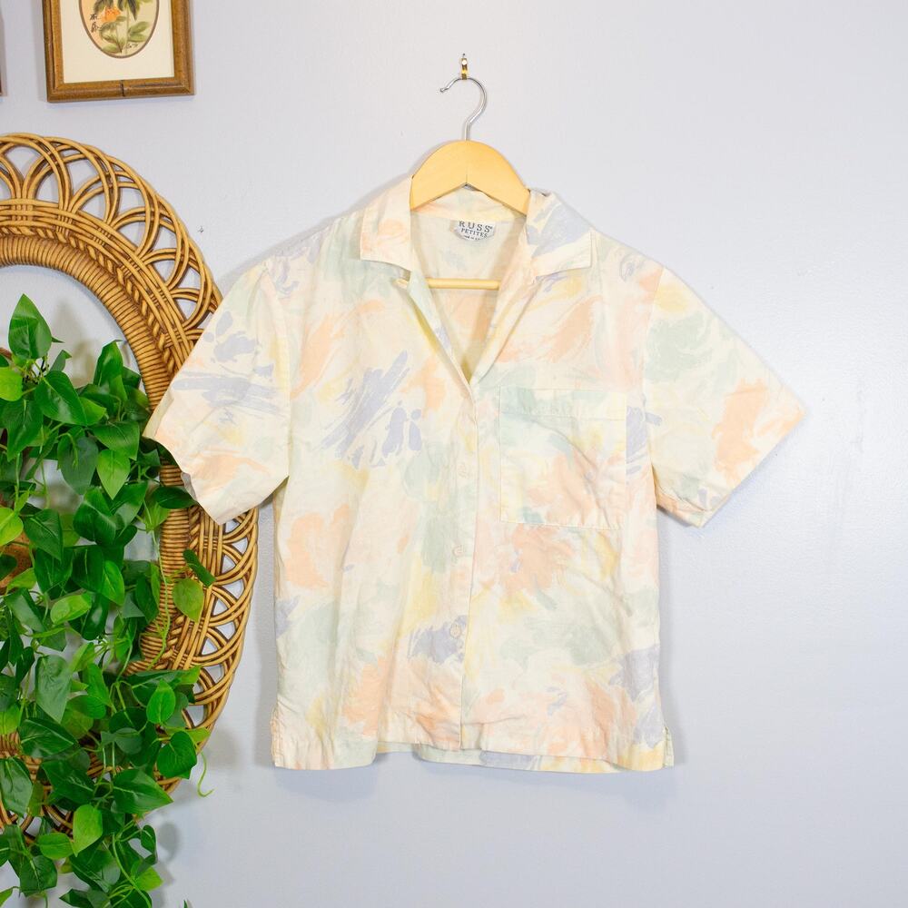VTG 80s Watercolor Pastel Coastal Abstract Print Camp Shirt FLAW | Light Spring